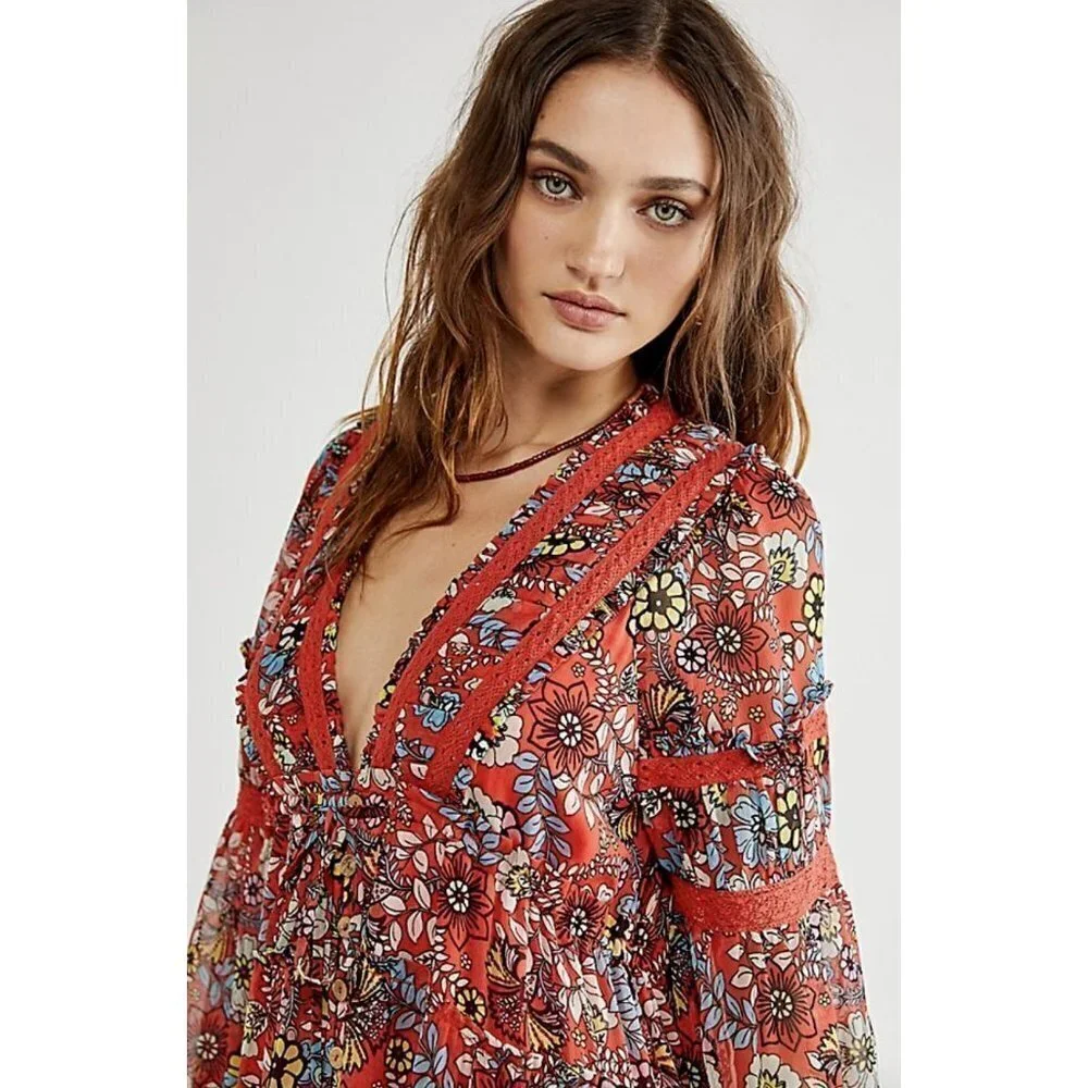 Free People Cassis Printed Chiffon Red Dress Flowy Maxi Party Size XS $168 NWT